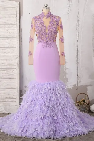 lilac feather beaded illusion lace mermaid prom dress