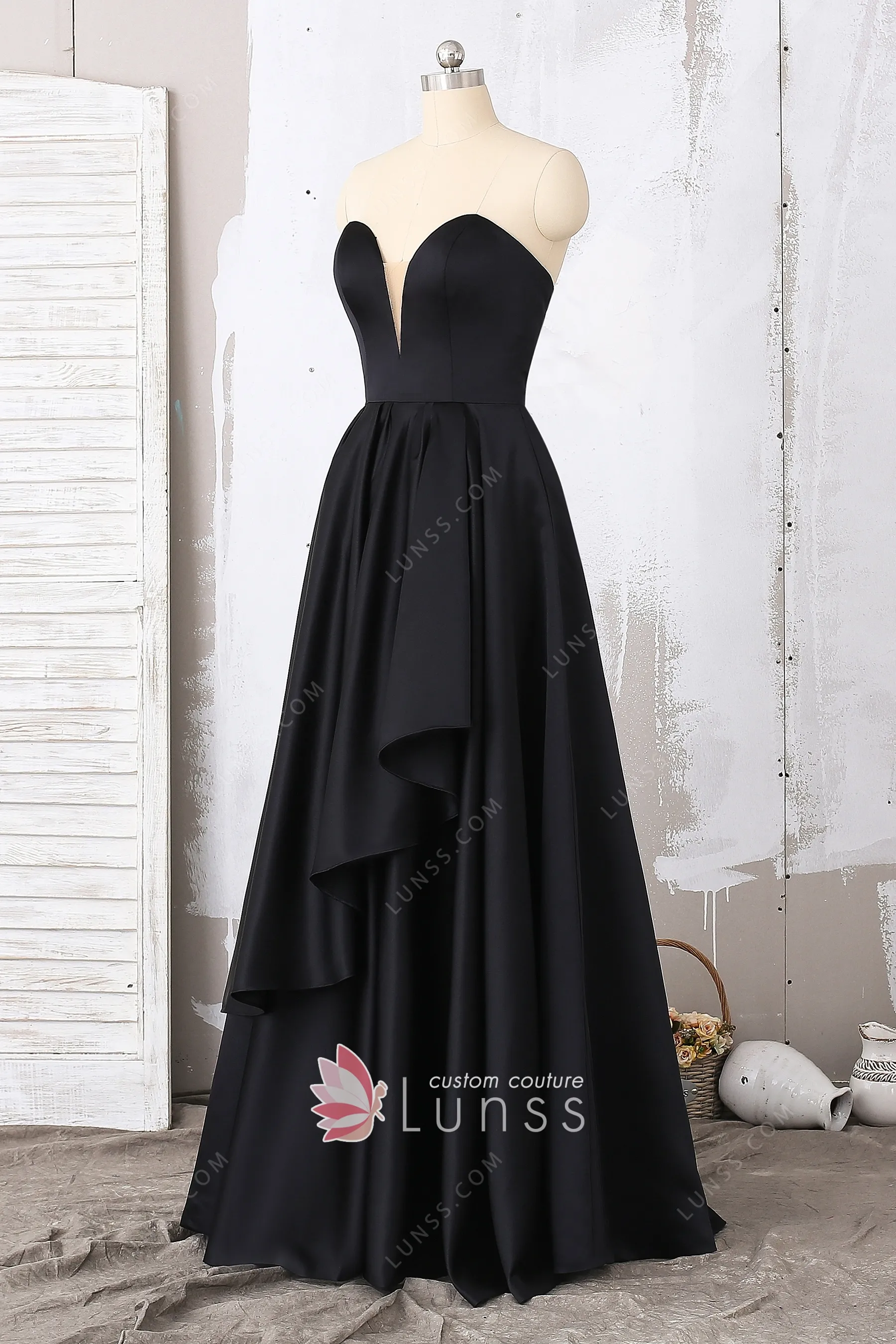 Simple Black Off Shoulder Side Slit Satin Evening Dresses Long Prom Dresses  - EVERISA