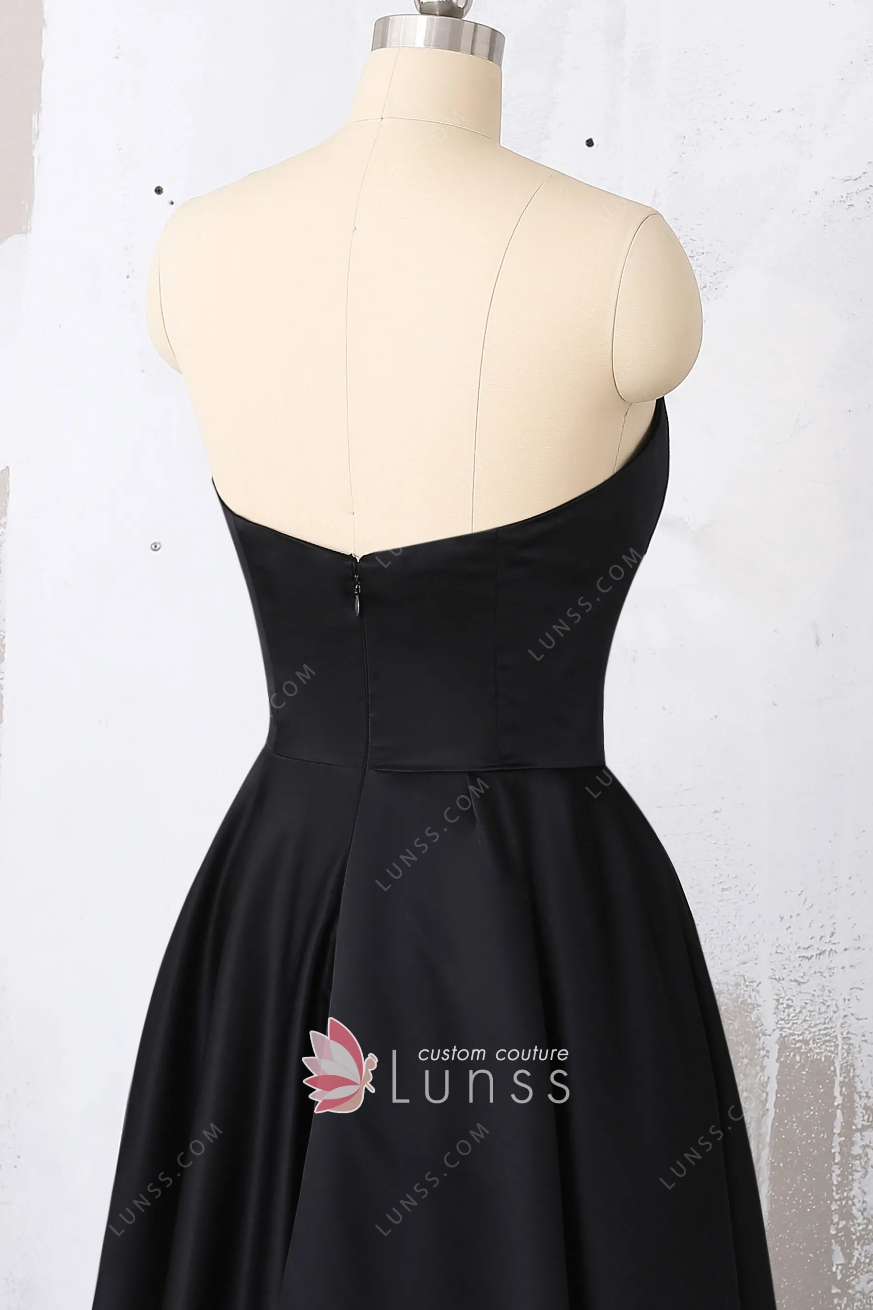 Satin A Line Black Strapless Prom Dress