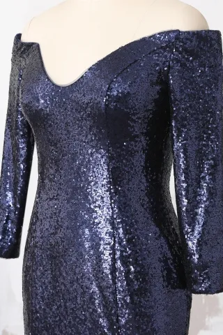 navy blue sequin off the shoulder long sleeve dress