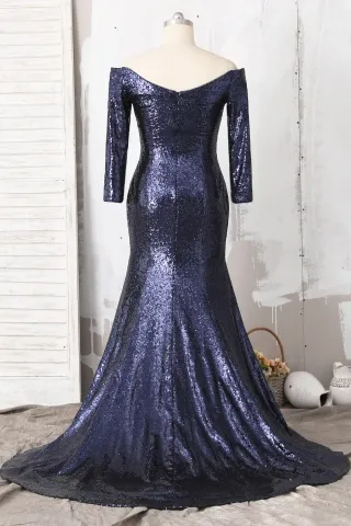 off the shoulder long sleeve navy blue sequin formal dress
