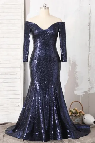 sexy off the shoulder long sleeve navy sequin prom dress