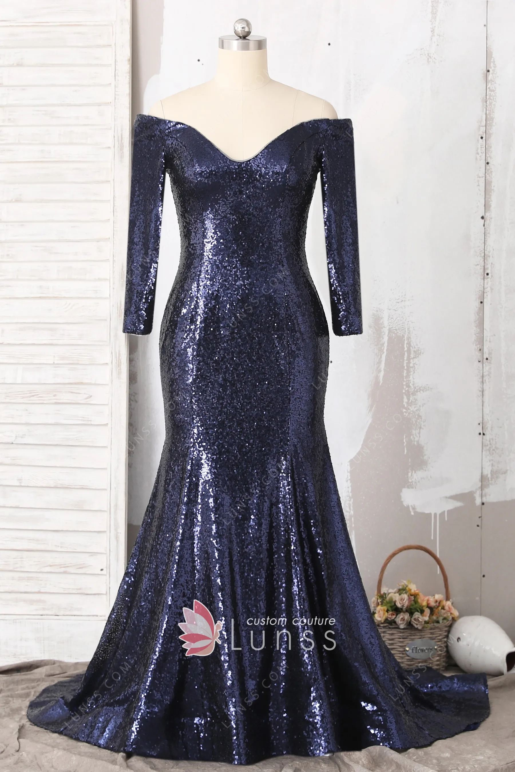Long Sleeve Navy Sequin Prom Dress - Lunss