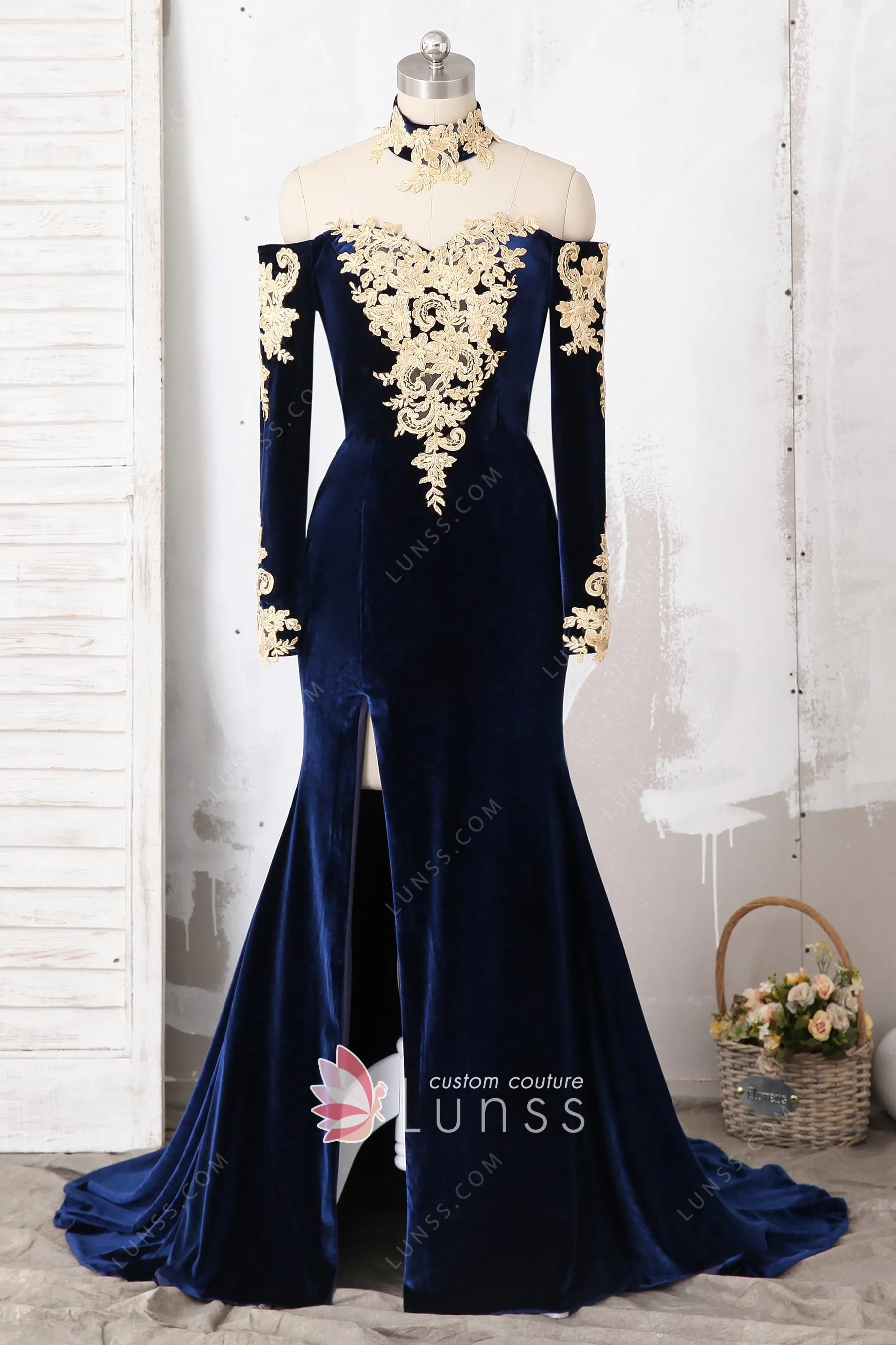 Gold Lace Choker Neck Navy Velvet 