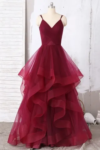 flounced burgundy tulle v neck designer formal gown
