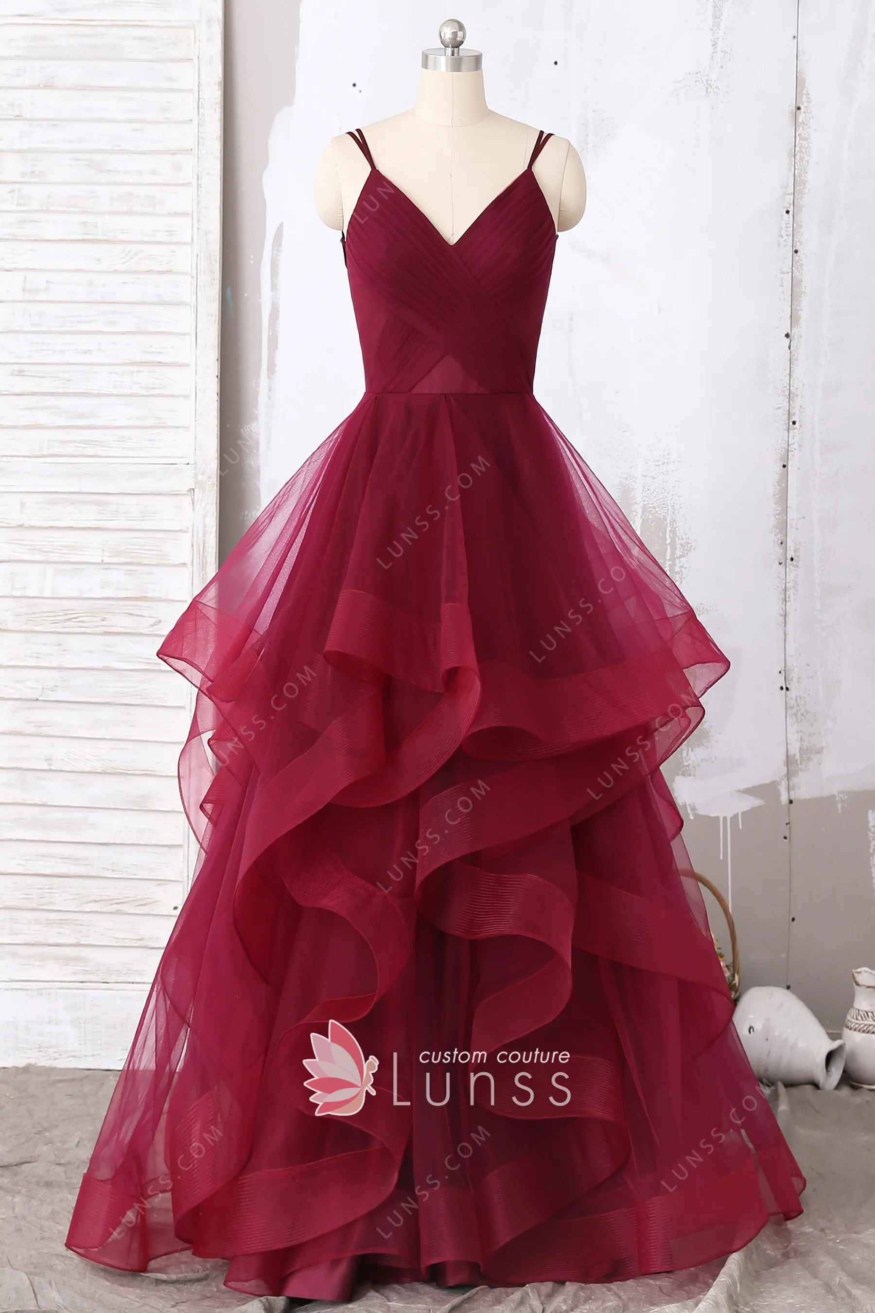 Flounced Burgundy Tulle V-neck Designer 