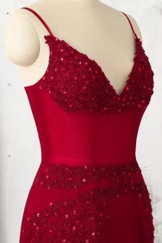 beaded ruby lace V neckline illusion prom gown