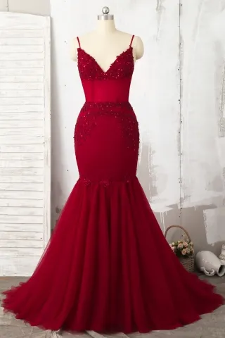 beaded ruby lace illusion bodice tulle trumpet prom gown