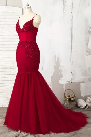 beaded ruby lace tulle trumpet prom gown