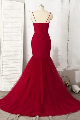 ruby trumpet prom gown with spaghetti strap