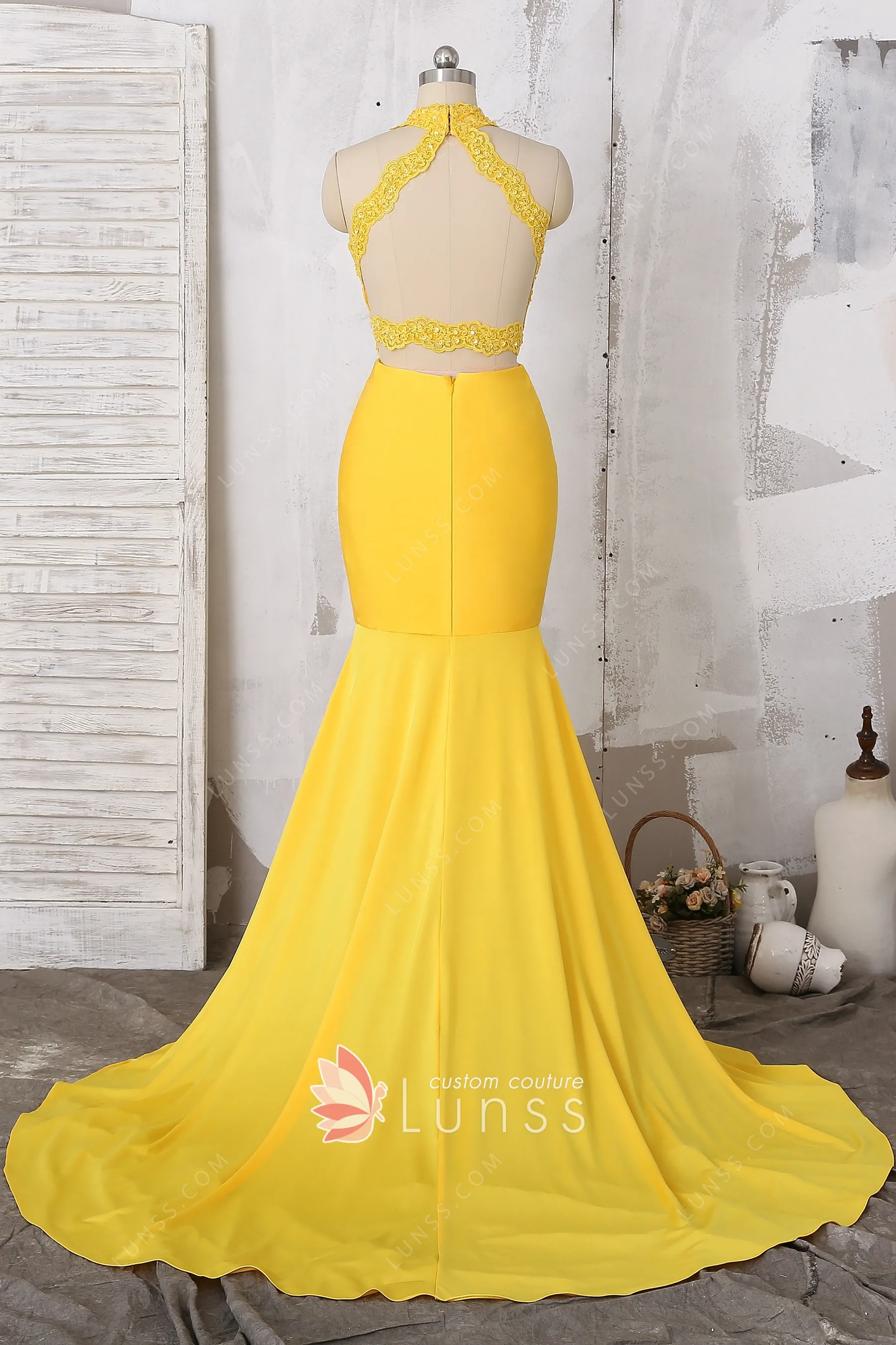 Beaded Lace Cut-out Bodice Yellow Spandex Sexy Prom Dress - Lunss