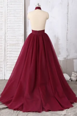 backless halter burgundy tulle ball gown