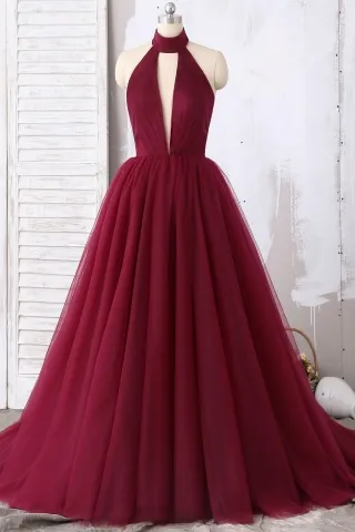 sexy burgundy tulle halter plunging neck prom ball gown