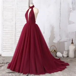 sexy burgundy tulle plunging neck gown