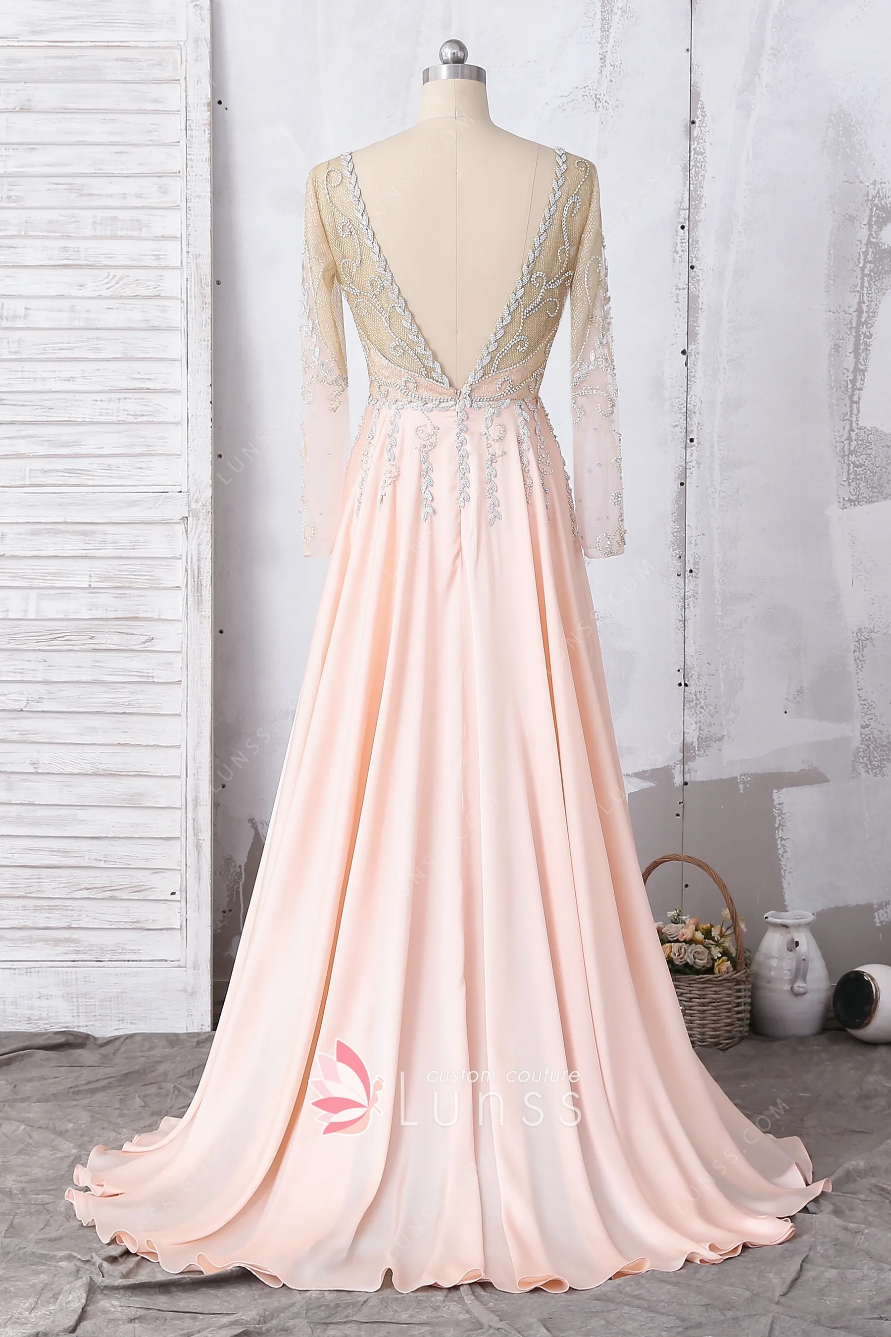 Sheath Pink Beaded Halter Long Chiffon Formal Dress