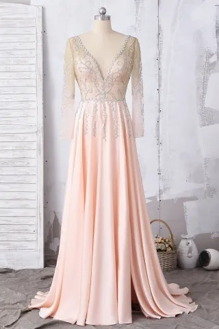 elegant beaded long sleeve peach pink a line formal dress