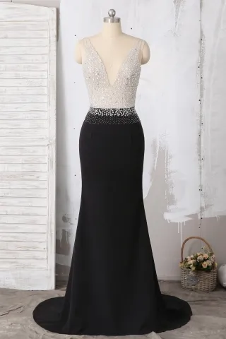sexy illusion beaded plunging neckline black prom dress