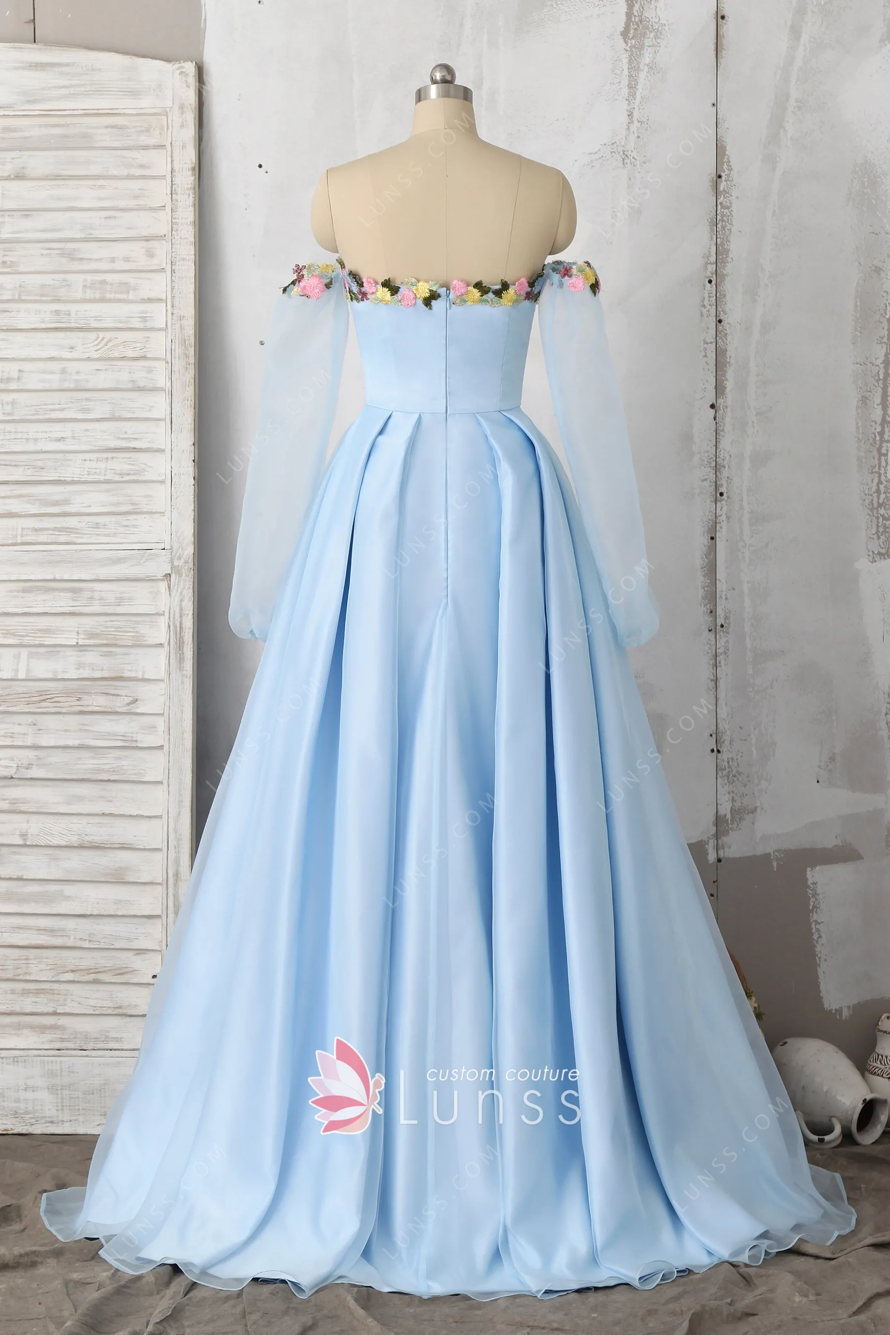 3D Flowers Off-the-shoulder Sky Blue Fairy Prom Dress - Lunss