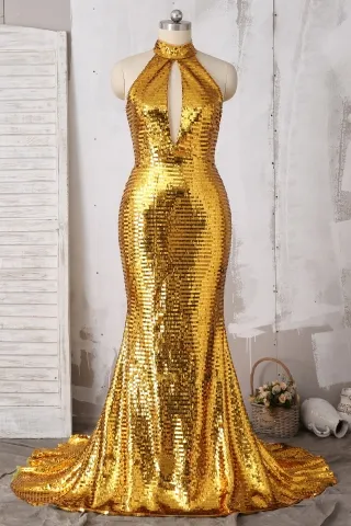bedazzled shiny gold sequin choker neck mermaid prom gown