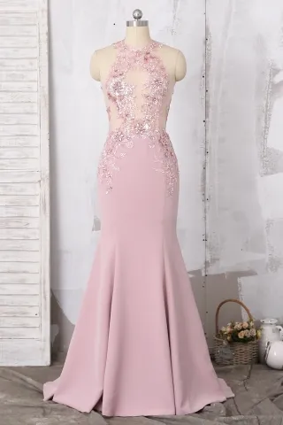 Gold Sequin Lace Appliqued Pink Spandex Godet Prom Dress - Lunss