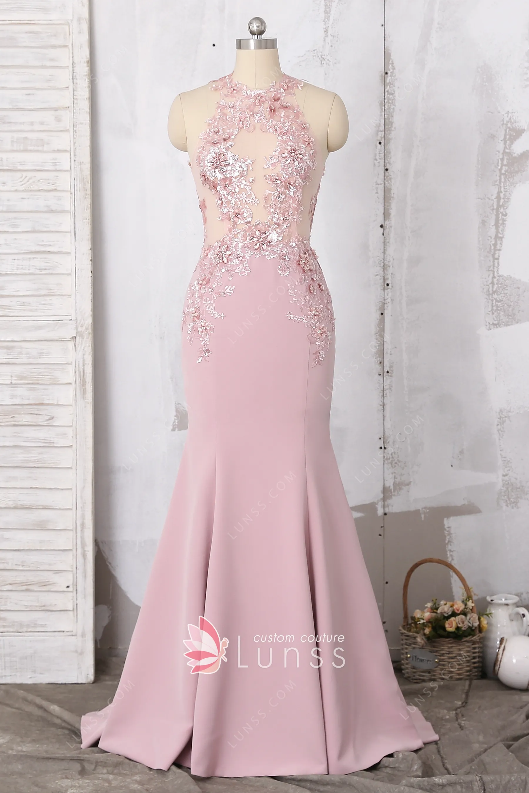 Sexy Illusion Beaded Lace Bodice Dusty Pink Prom Dress Lunss