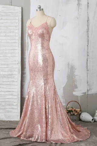 elegant lace nude pink sequin prom gown