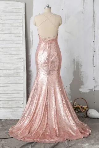 spaghetti straps low back nude pink sequin mermaid prom dress
