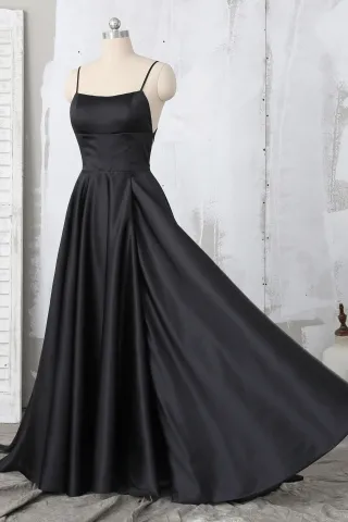 spaghetti straps black satin prom dress