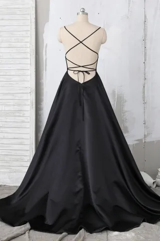 spaghetti straps low back satin A line prom dress
