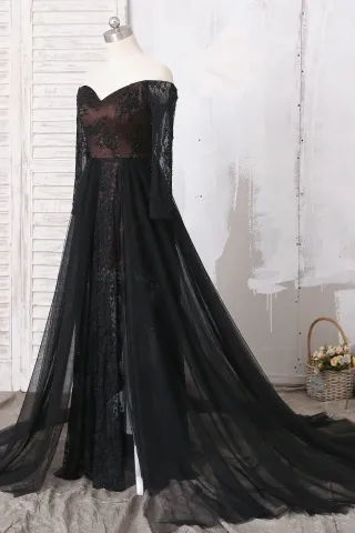 black off shoulder tulle sexy prom dress