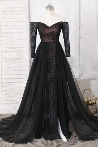 black off the shoulder tulle overskirt sexy prom dress