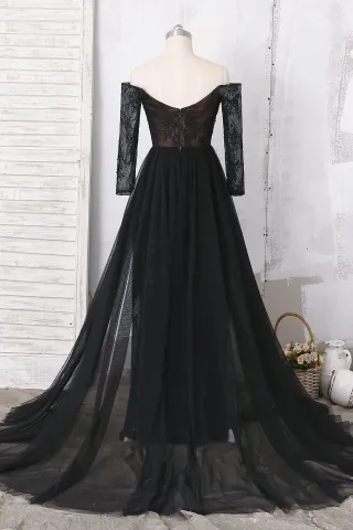 black sheer long sleeve off the shoulder beaded lace prom dress