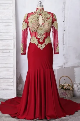 beaded gold lace appliqued high neck unique prom dress