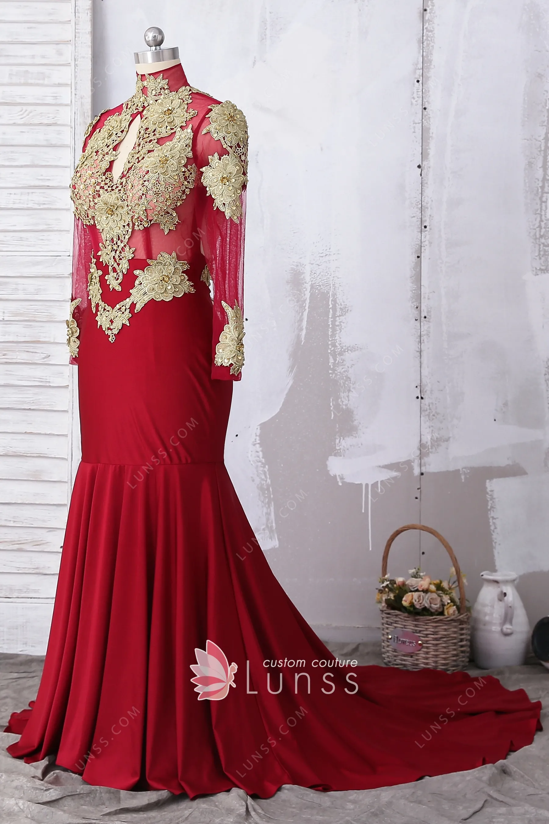 Beaded Gold Lace Appliqued Highneck Unique Prom Dress Lunss