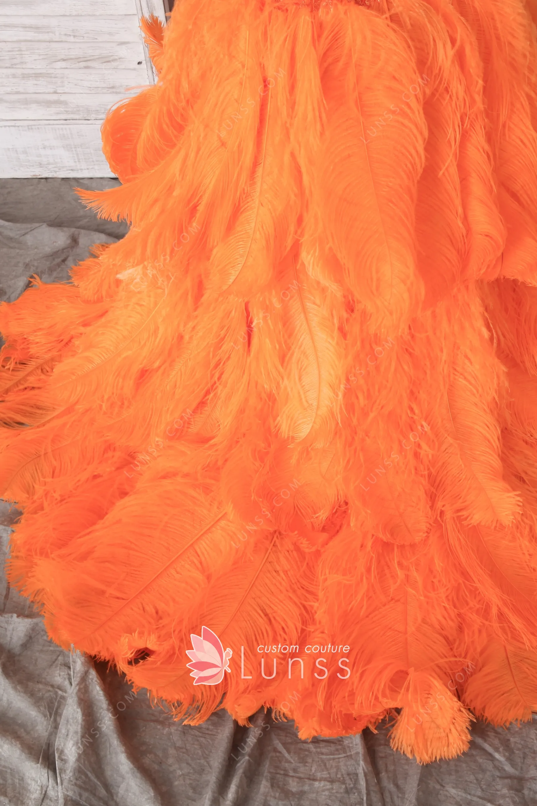 Yellow Lace Red Ostrich Feather Trumpet Prom Dress - Xdressy