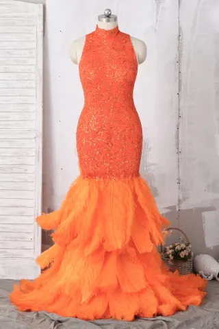 orange sequin and feather high neck trumpet prom dress