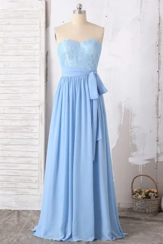 sky blue sweetheart lace chiffon long bridesmaid dress