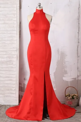 elegant red satin high neck slit long mermaid prom dress