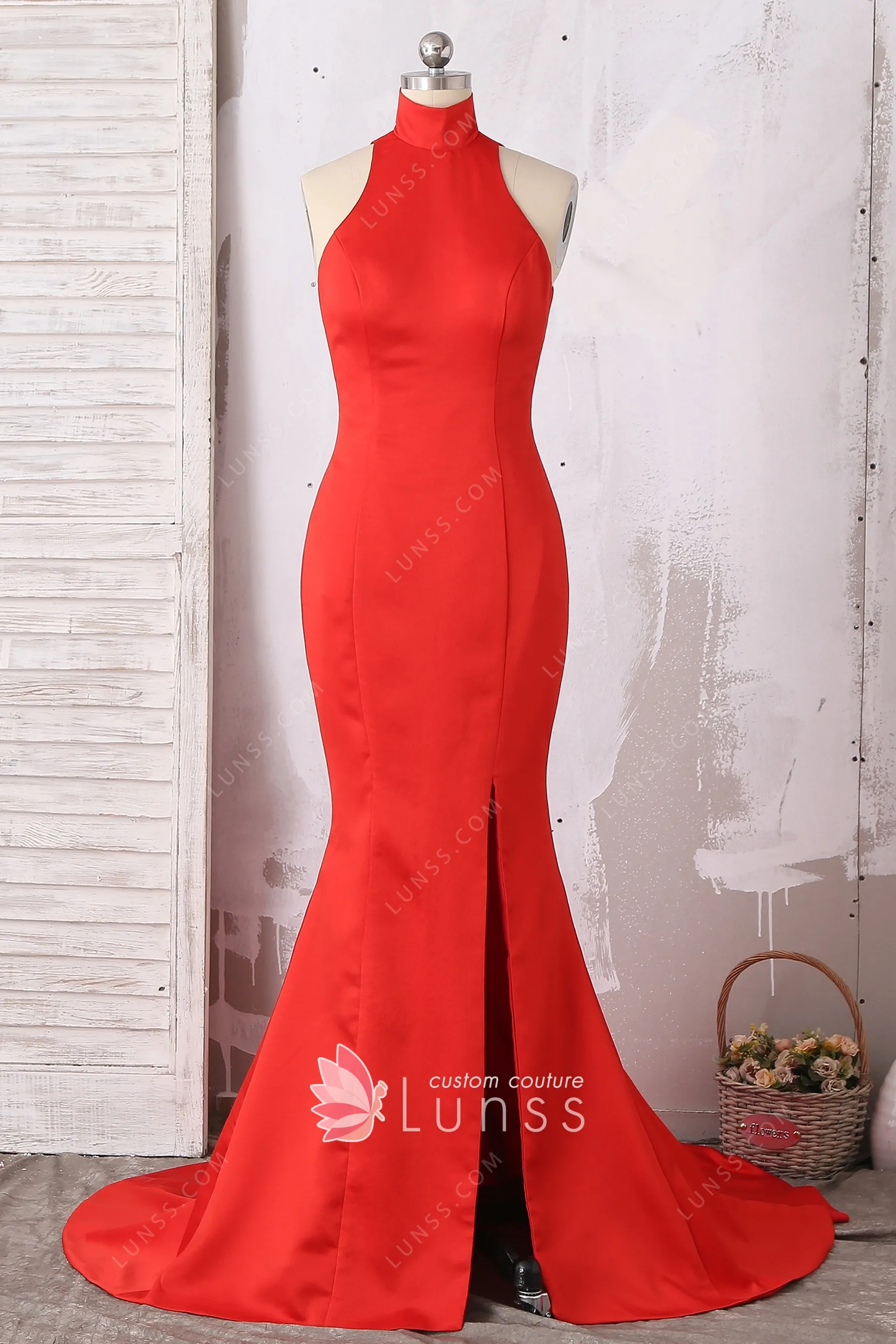 Mermaid High Neck Red Long Prom Dress with Sleeves main image 1