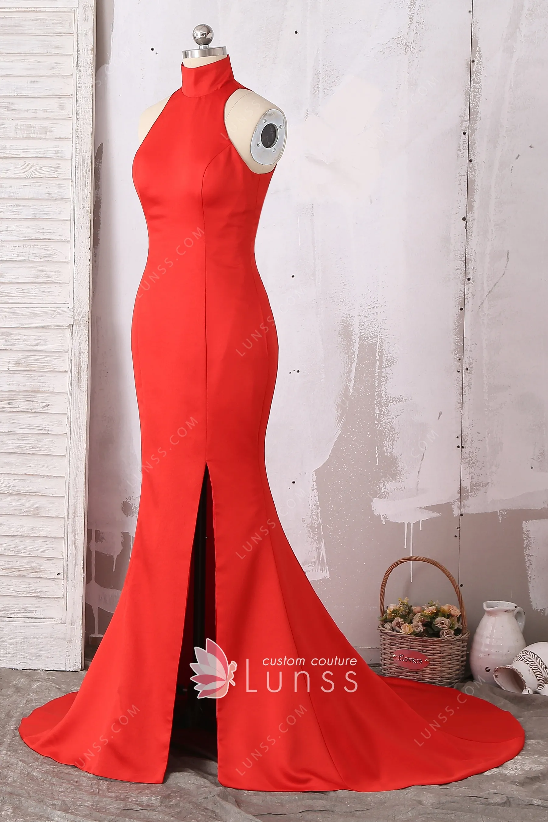 Red Long Sleeves V-Neck Mermaid Slit Formal Dress