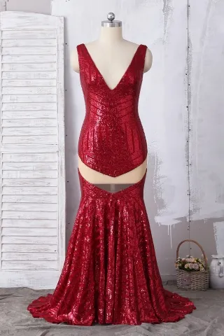 sexy sheer cut out red sequin mermaid long prom dress
