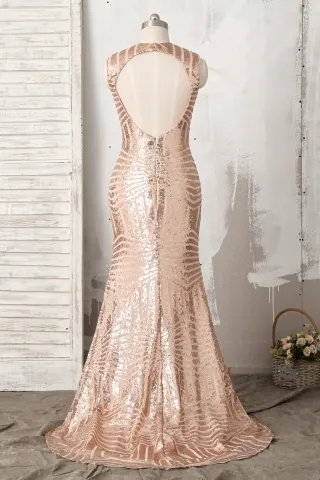 open back gold sequin mermaid long prom dress
