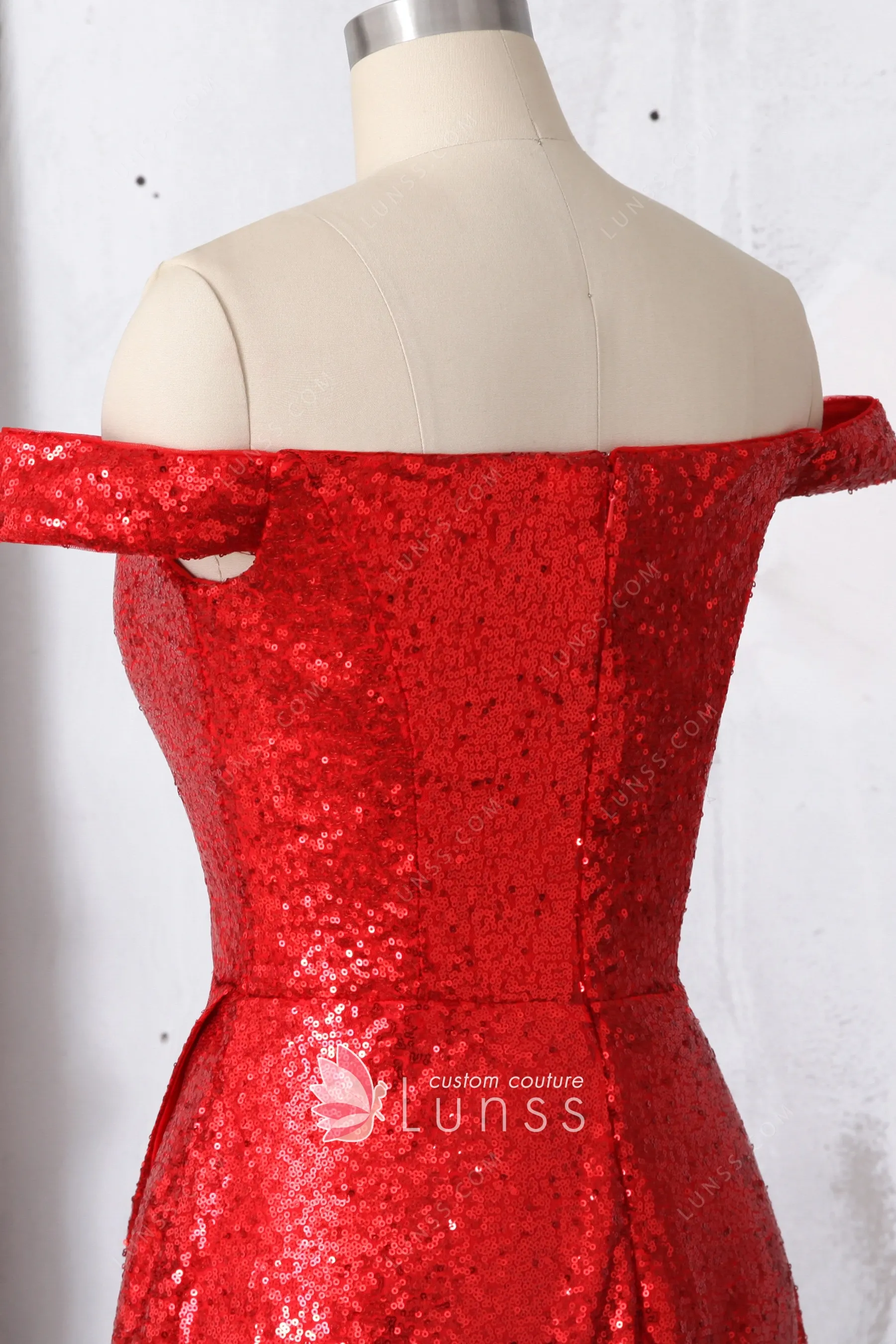Red Sequin Off-the-Shoulder Fitted-Waist Slim-Fit Long Prom Dress / Bridal Gown R5908 main image 1