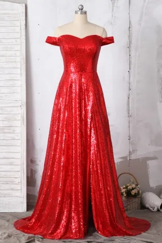 sparkly red sequin off the shoulder slit long prom dress