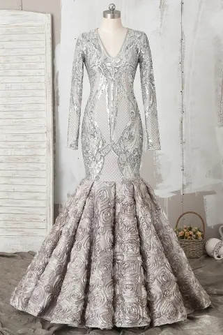 exclusive silver sequin 3d rosette trumpet prom dress