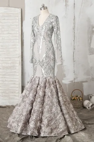 long sleeve V neck silver sequin 3D rose prom dress