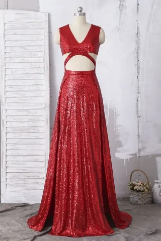 sexy cut out red sequin double slit long prom dress