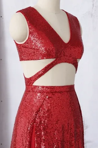 sleeveless V neck cut out red sequin prom dress