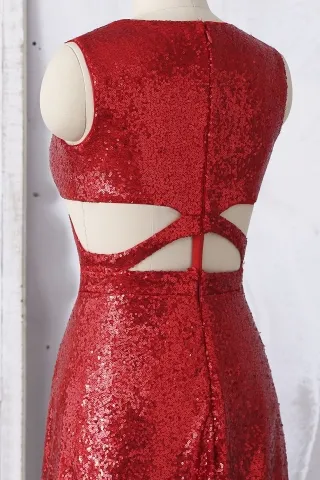 sleeveless cut out red sequin prom dress