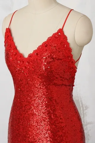 elegant beaded lace V neck red sequin dress